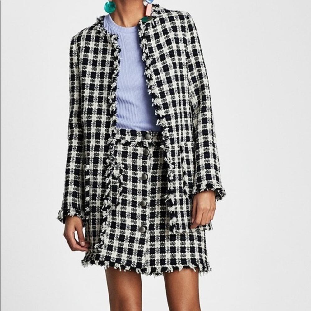 Zara Black White Tweed Checkered Gingham Fringe Blazer Jacket Size Small
